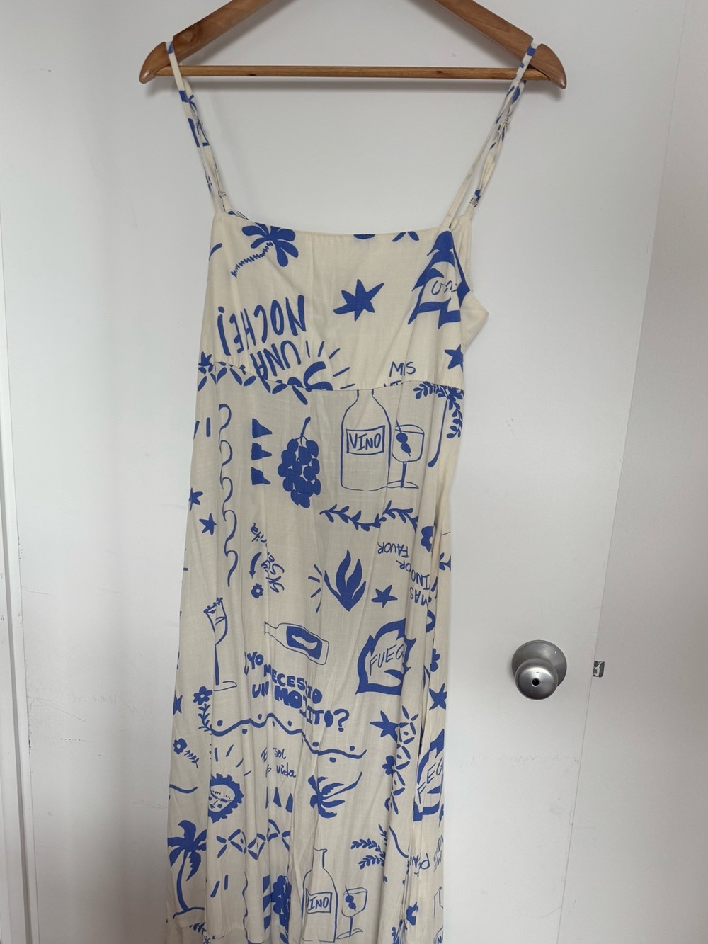 Cream Maxi Slip Dress with Blue Graphic Print